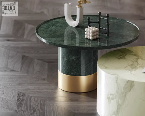 Dark green marble coffee table with a gold-accented base from the bain coffee table set perfect for stylish table set living rooms