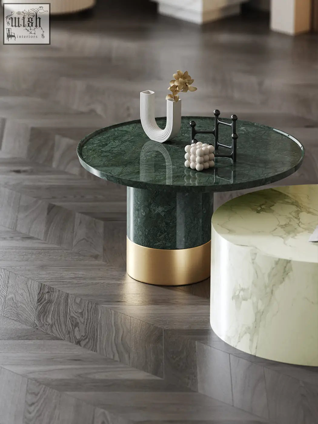 Dark green marble coffee table with gold accented base from the bain coffee table set perfect for stylish living rooms