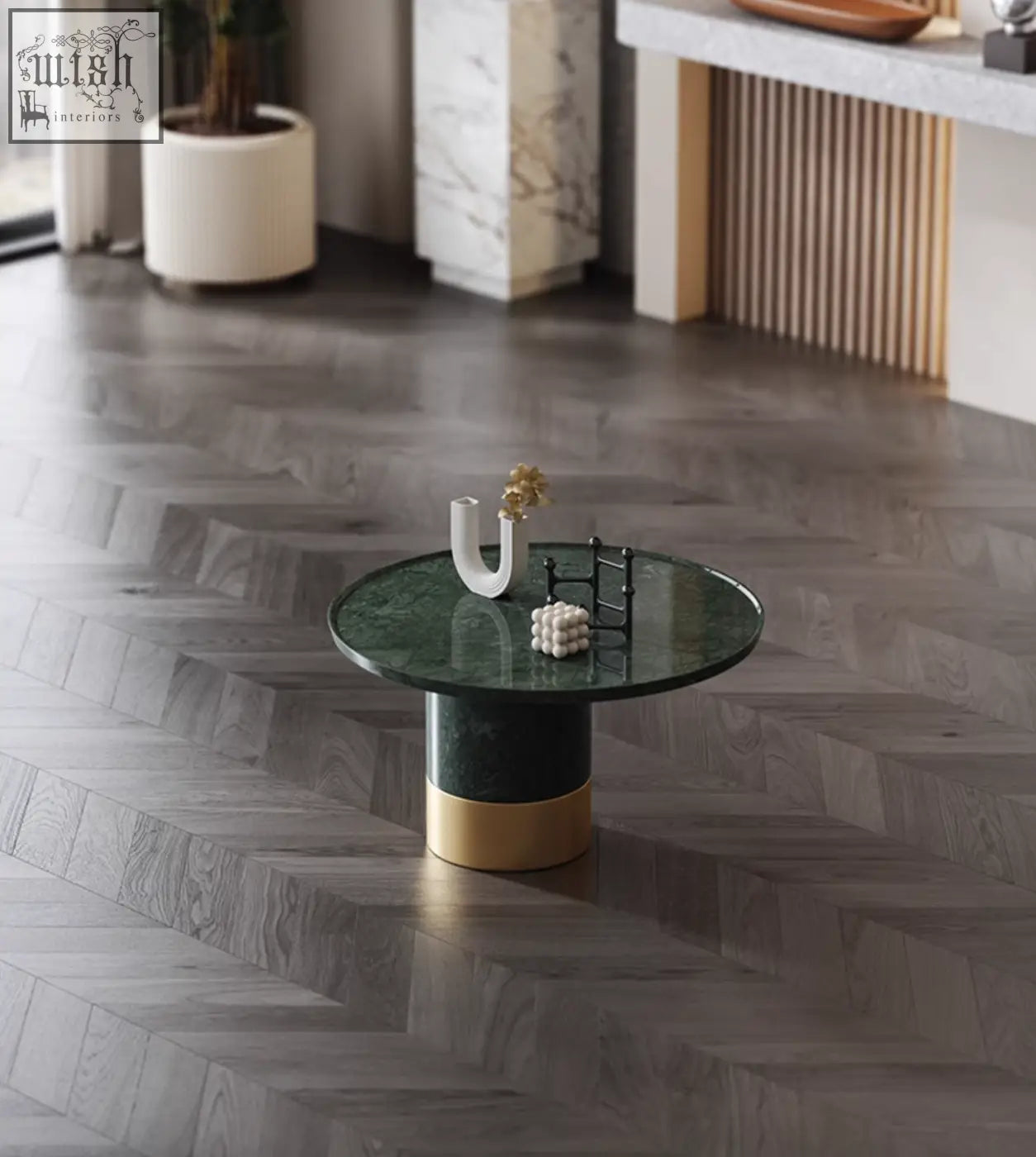 Dark green marble coffee table with a gold-toned base from the bain coffee table set perfect for stylish table set options