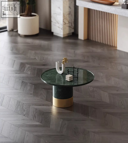 Dark green marble coffee table with a gold-toned base from the bain coffee table set perfect for stylish table set options