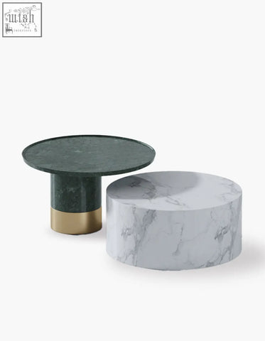 Dark green marble top coffee table set with gold base and white marble cylinder in bain coffee table set marble