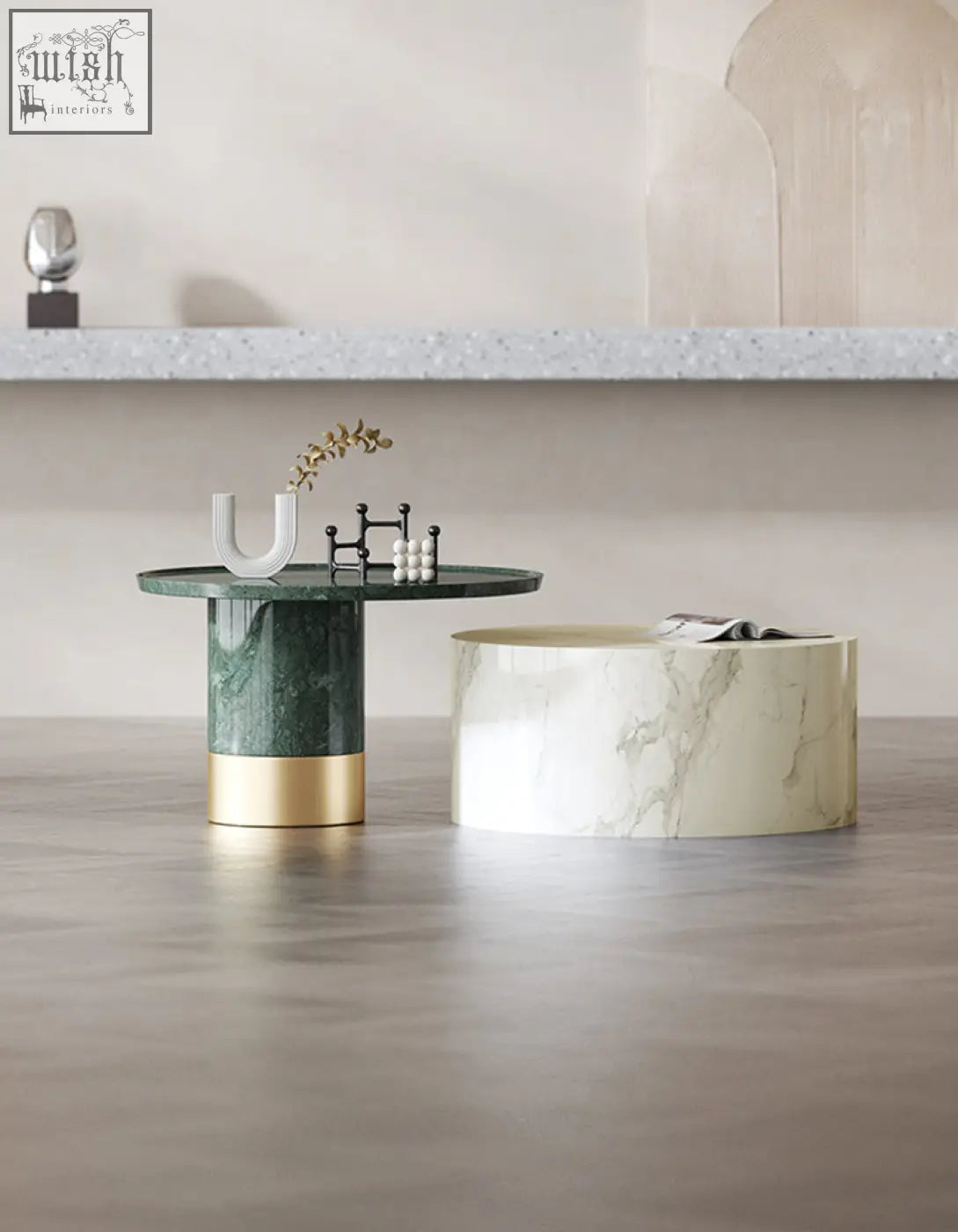 Green marble coffee table with gold base and minimalist design from the bain coffee table set perfect for living room