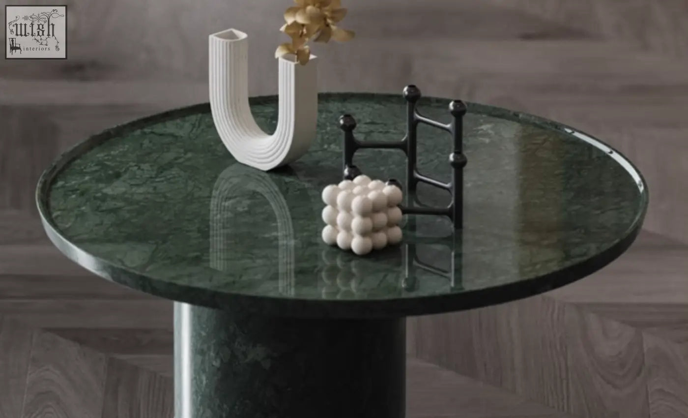 Green marble bain coffee table set with sleek polished surface and cylindrical pedestal base perfect for living room