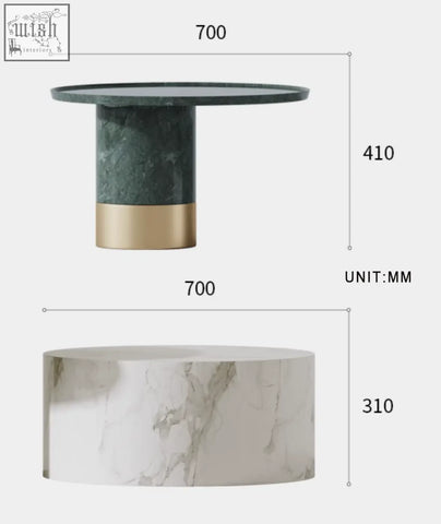 Modern round coffee table set with dark green marble top and base accented by a gold band perfect for living rooms