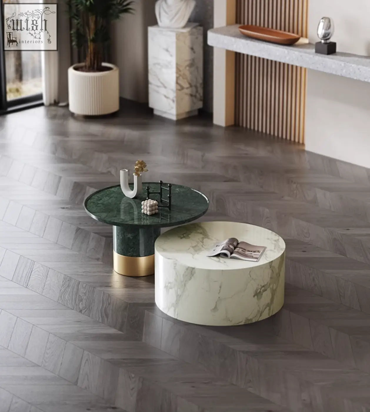 Two modern coffee tables with dark green and white marble tops and gold base in bain coffee table set