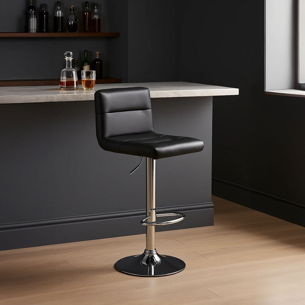 Baina black seat bar stool with black leatherette seat and chrome metal base with footrest for bar use