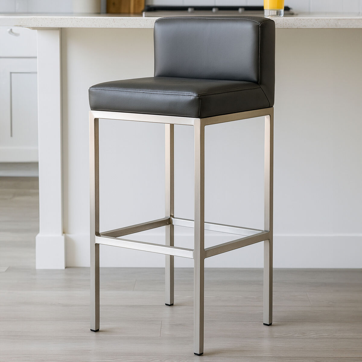 Black leather baina dark grey bar stool with sleek chrome finish bar frame and stainless steel legs