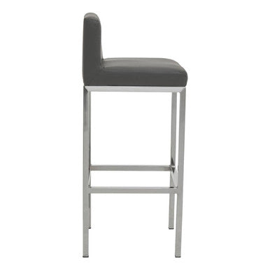 Gray upholstered bar stool with a chrome finish bar frame in baina dark grey perfect for modern kitchens
