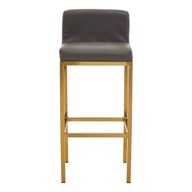 Modern bar stool with dark grey upholstered seat and backrest and slender gold finish bar legs from baina dark grey line