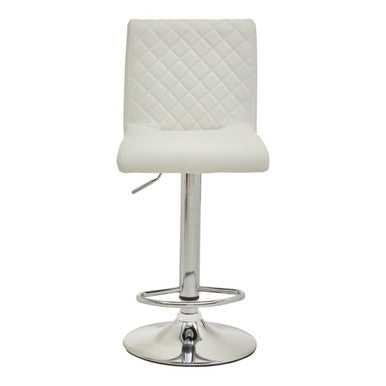 Baina white chrome bar stool with white quilted leather seat and chrome round base with footrest