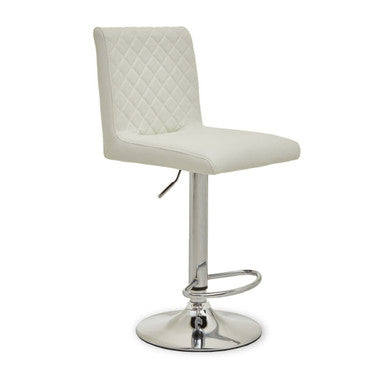 Baina white chrome bar stool with white quilted leather seat and round chrome base with footrest