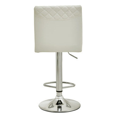 Baina white and chrome bar stool with white quilted leather seat and round chrome base with footrest