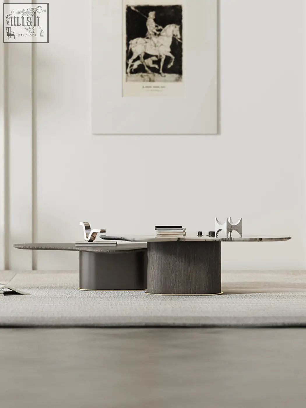 Modern baines marble coffee table with a dark matte wooden base and sleek elongated marble top