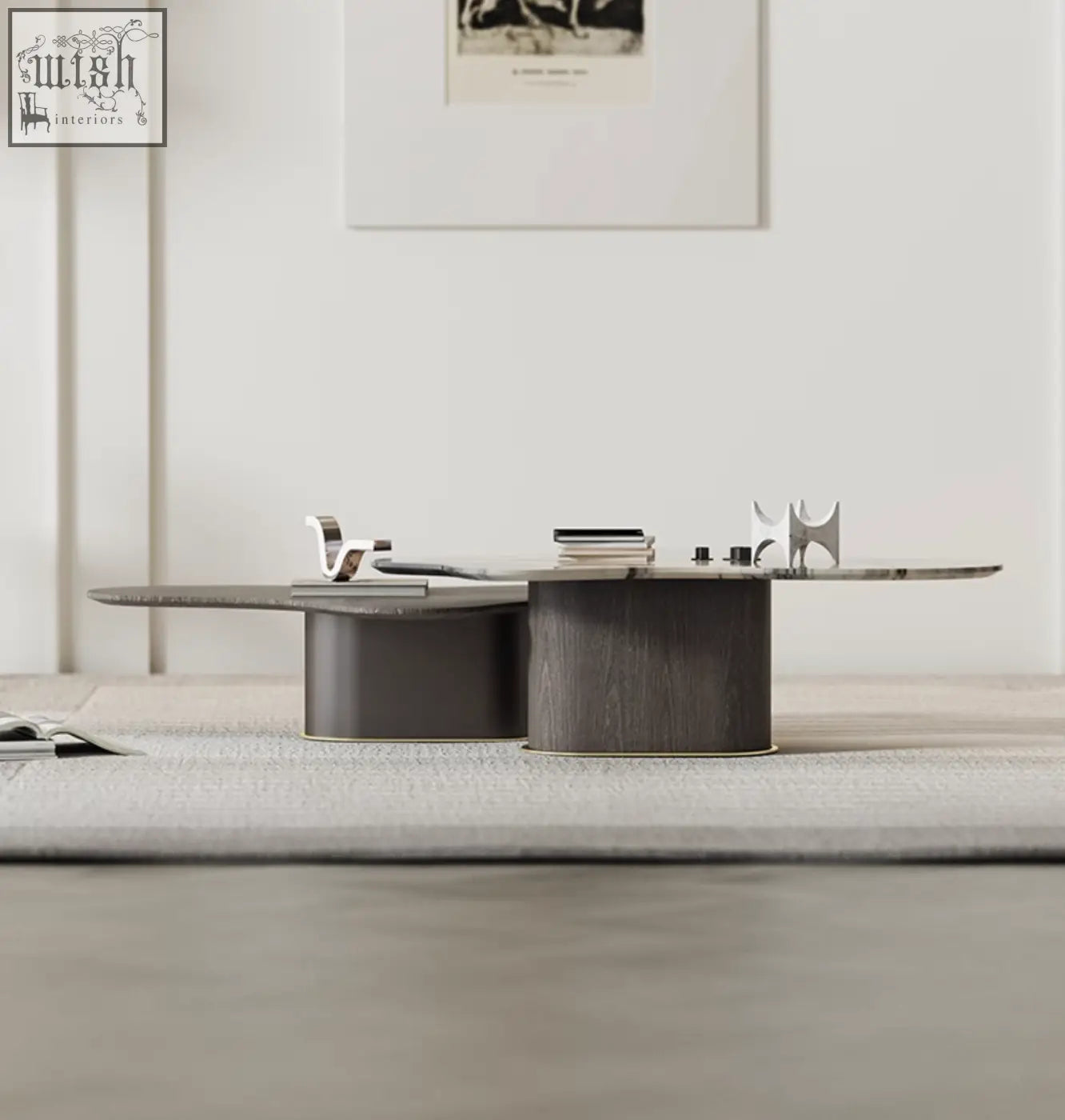 Modern minimalist coffee table with dark gray matte base and two floating marble tops baines marble coffee table set