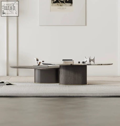 Modern minimalist coffee table with dark gray matte base and two floating marble tops baines marble coffee table set