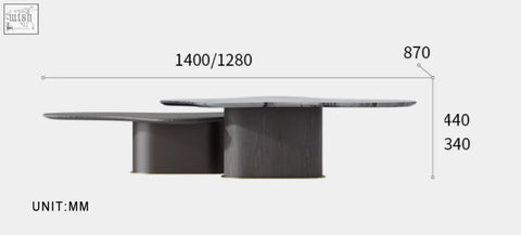 Modern minimalist baines marble coffee table with dark gray marble top and cylindrical metal legs for living room use
