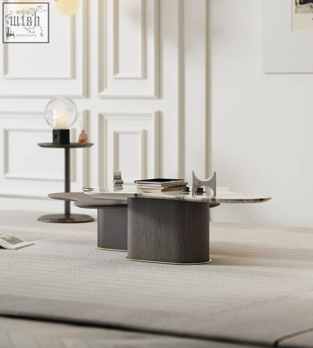 Modern oval baines marble coffee table with dark wood grain base and sleek reflective glass top perfect for living rooms