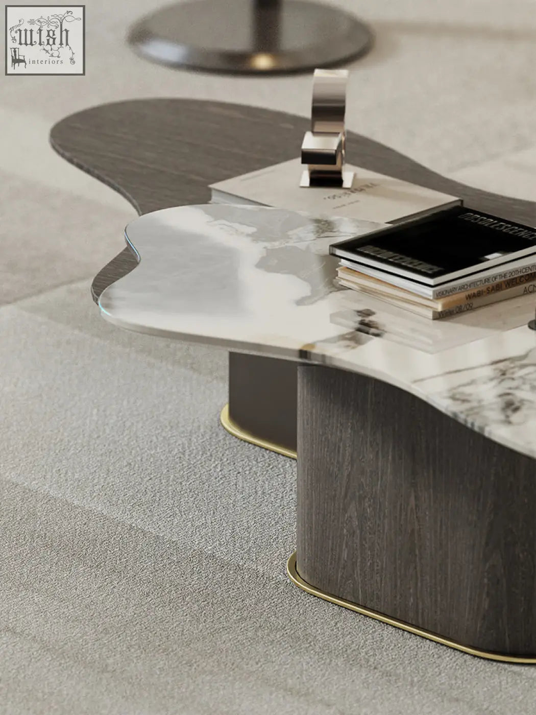 Modern baines marble coffee table with sleek white marble top dark veining and dark wood brass base for stylish living
