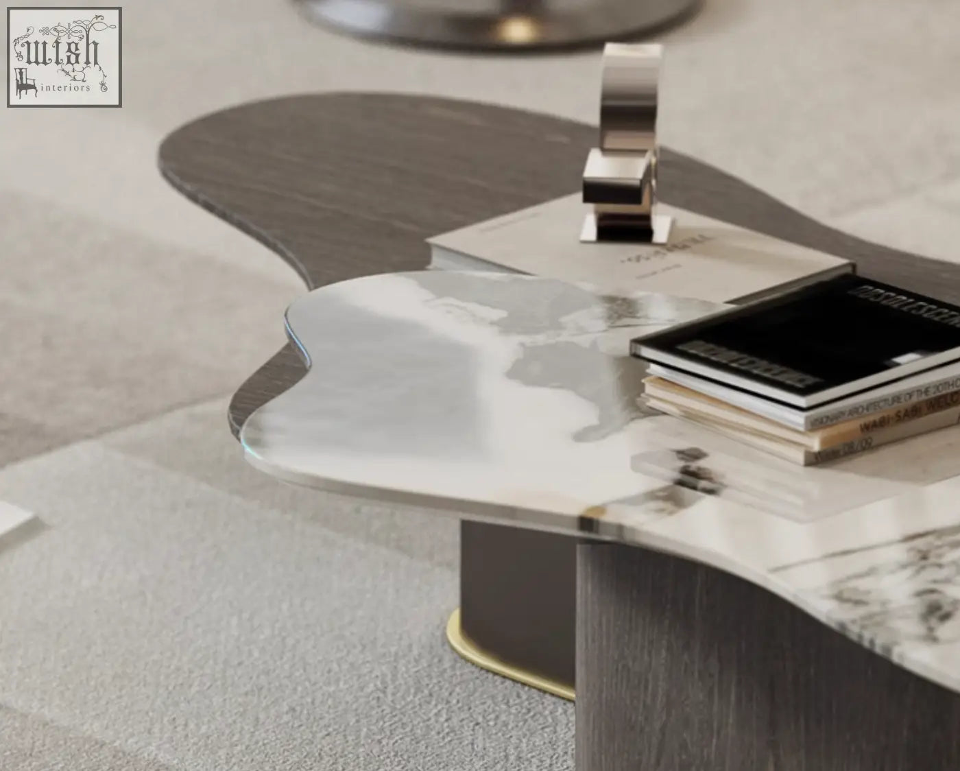 Modern baines marble coffee table with sleek silver and dark wood top supported by sturdy matte black legs