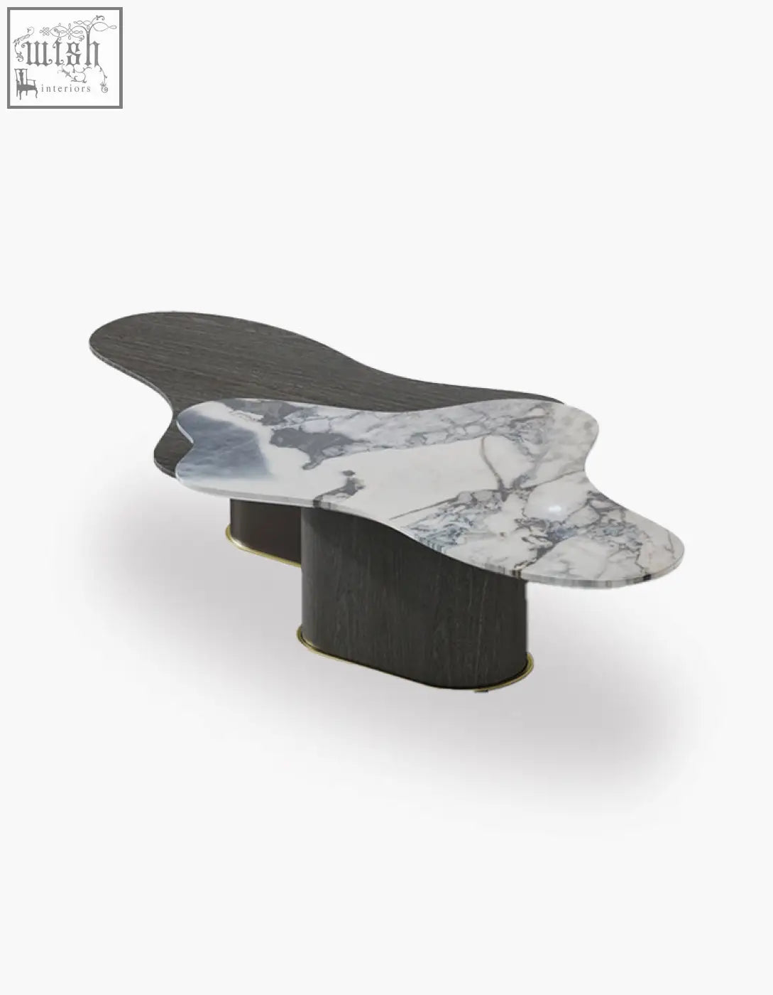 Organic-shaped baines marble coffee table with white marble top gray veining dark wood legs and gold accents