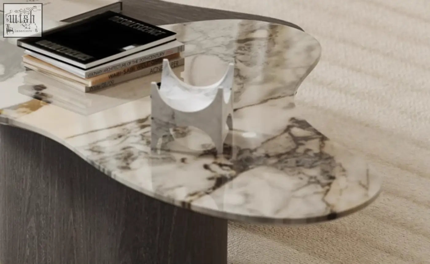 Baines marble coffee table with a sleek white and gray polished marble top and dark wood base for modern living rooms