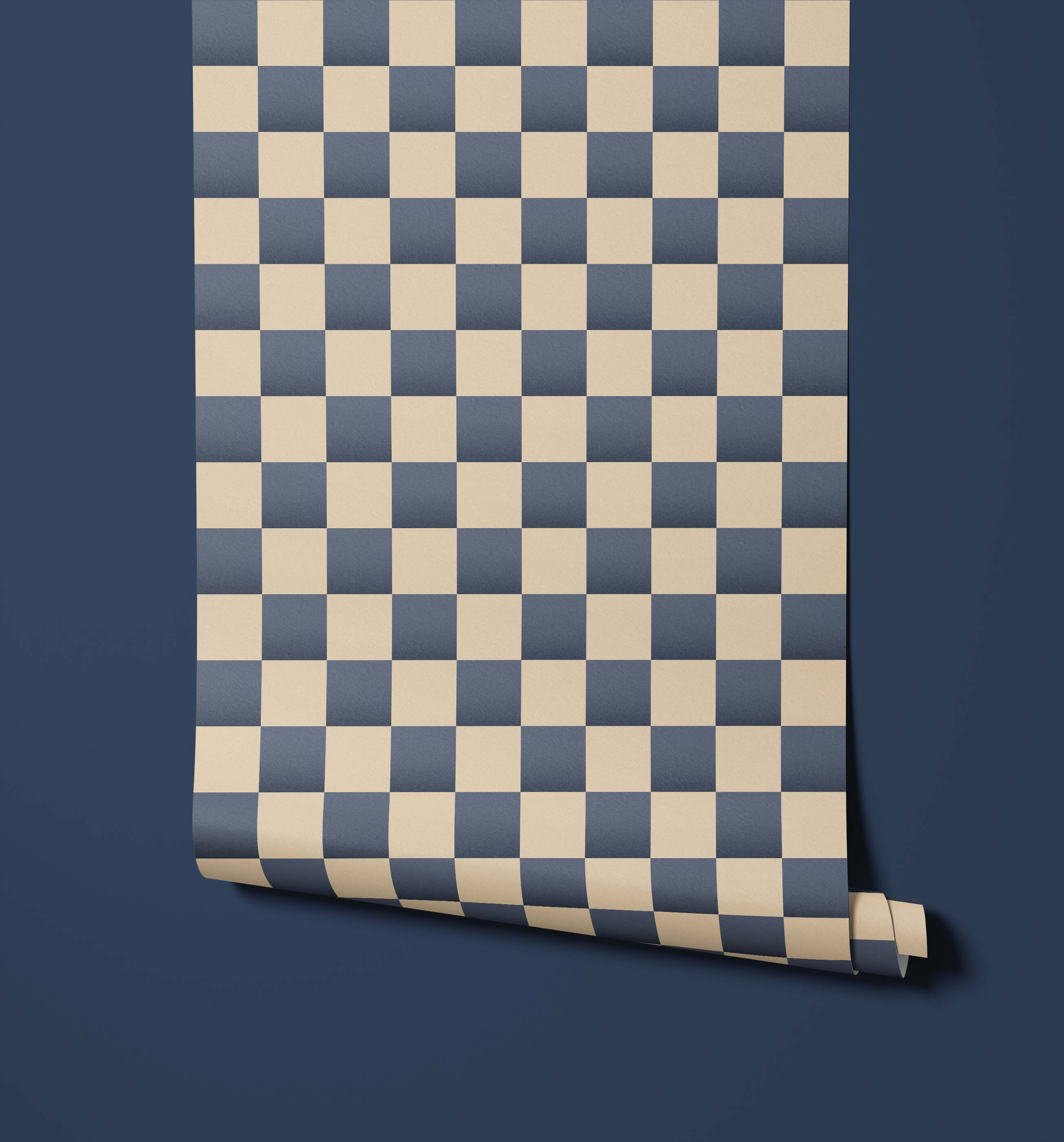 A roll of bakersfield navy blue and cream checkered wallpaper with a classic bold pattern perfect for walls