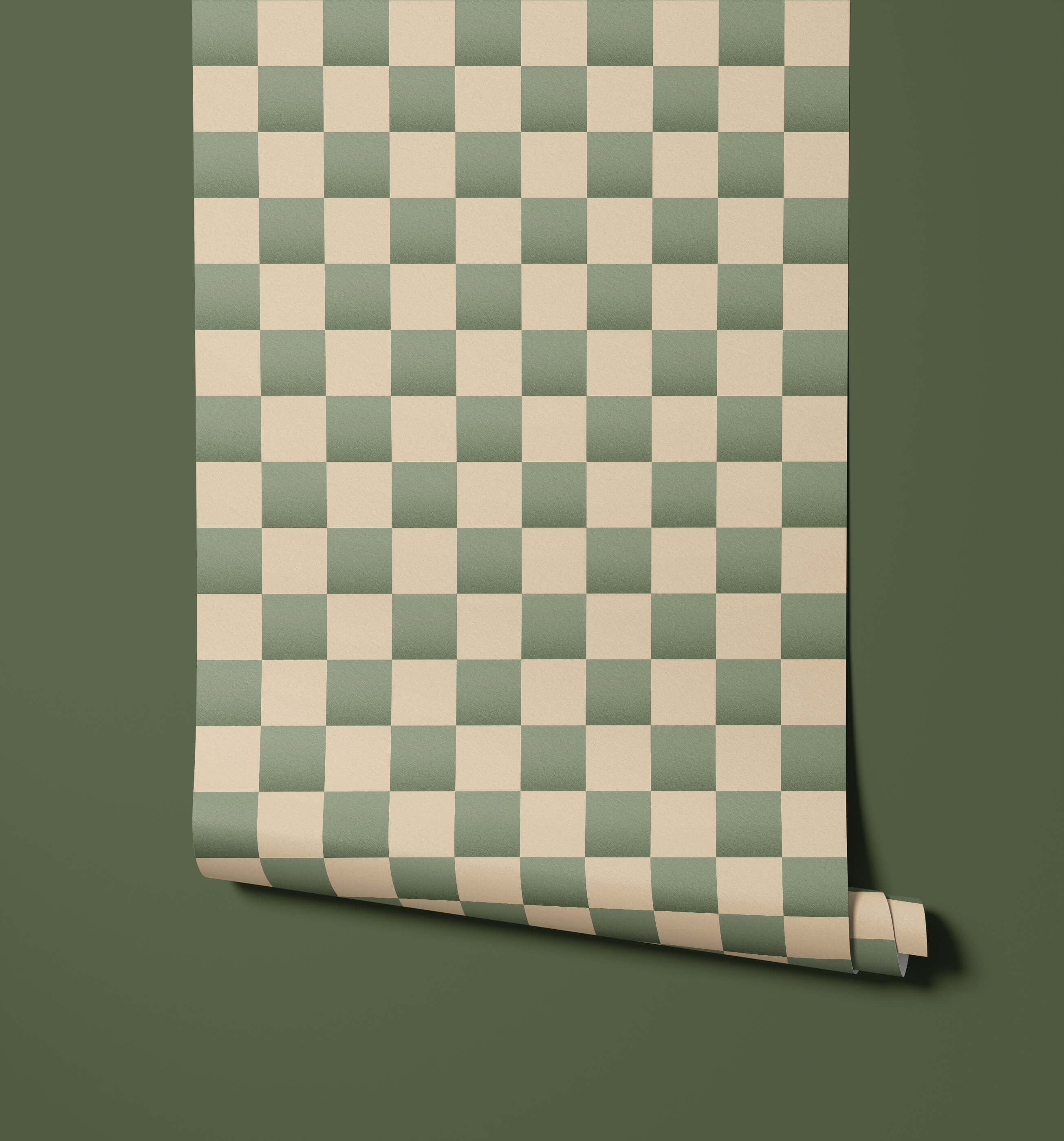 A roll of bakersfield sage green and cream checkered wallpaper with subtle textured finish