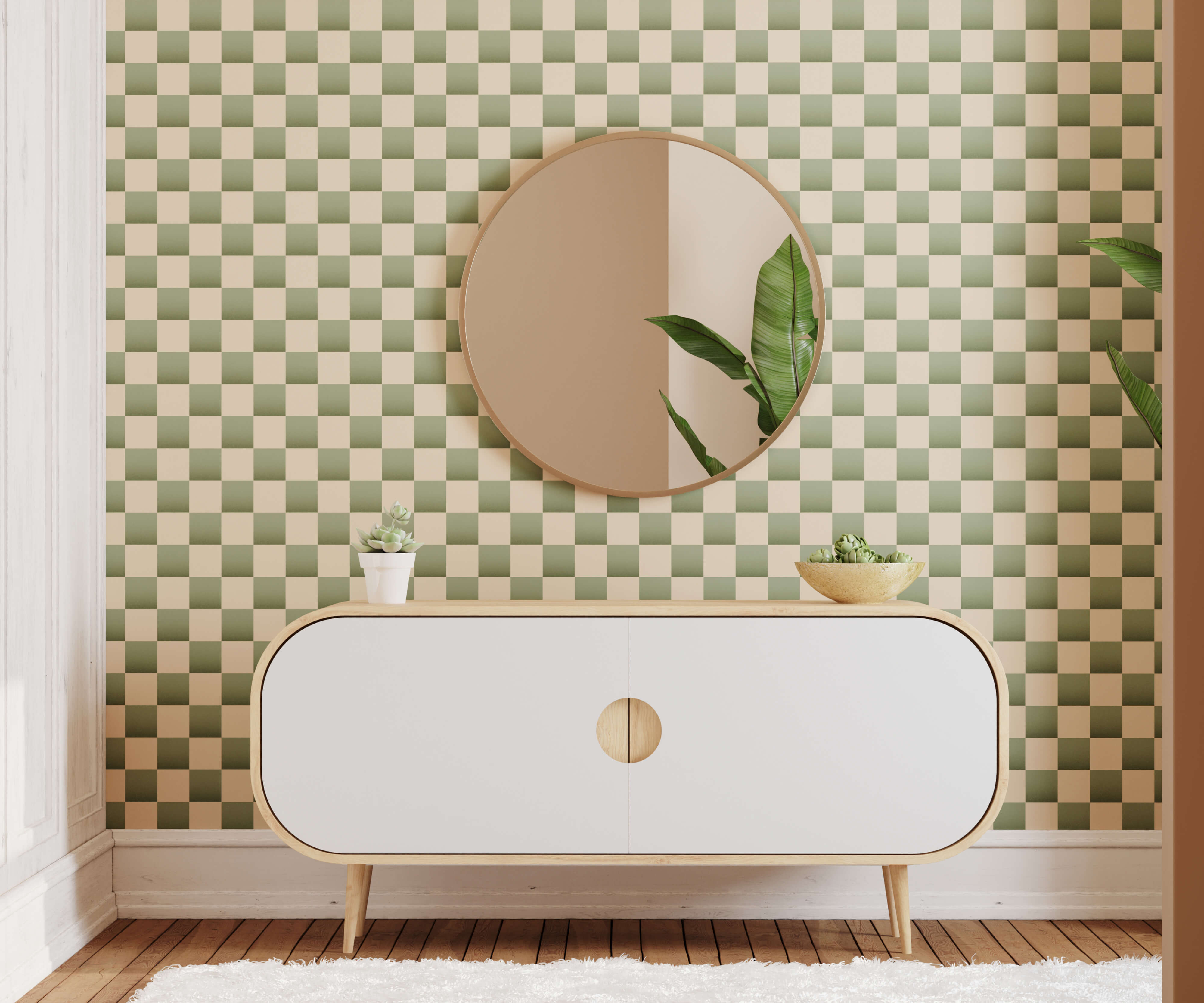 Round Bakersfield mirror with light wood frame and two-toned reflective surface perfect for stylish decor