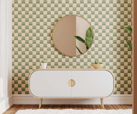 Round Bakersfield mirror with light wood frame and two-toned reflective surface perfect for stylish decor