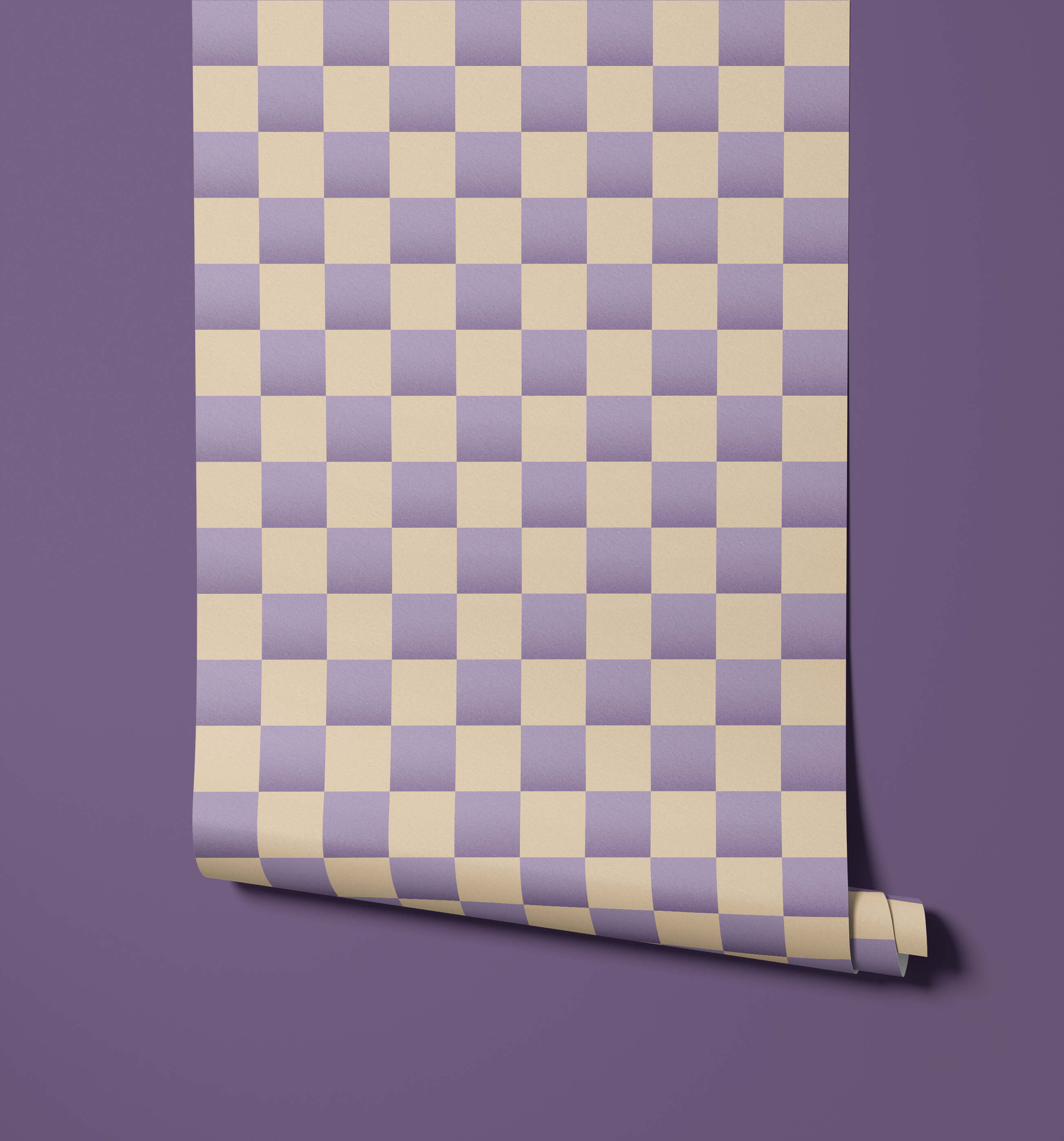 A roll of bakersfield wallpaper with lavender and cream checkered pattern and subtle 3d texture