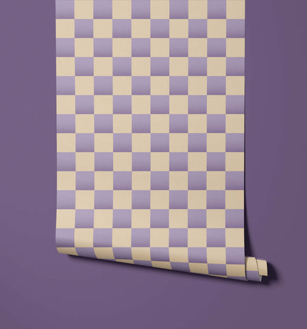 A roll of bakersfield wallpaper with lavender and cream checkered pattern and subtle 3d texture