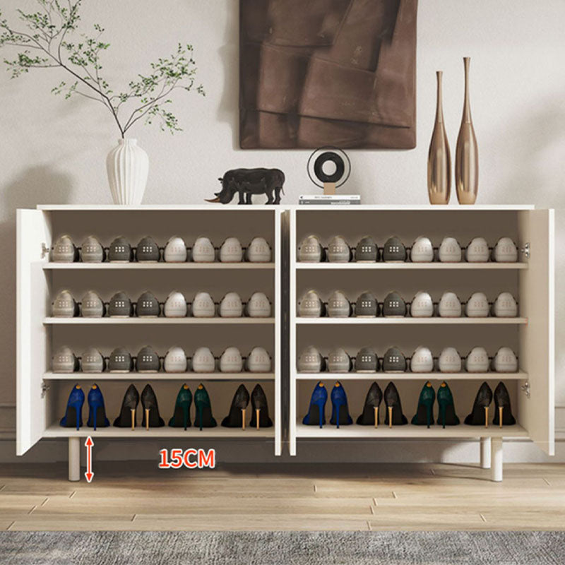 White balfour shoe storage cabinet with multiple shelves neatly holding colorful shoes two sizes available