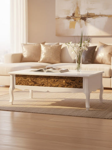White bali coffee table with ornate gold finished drawers featuring intricate wood grain and brass knobs