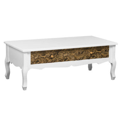 White bali coffee table with ornate gold floral drawers and curved legs perfect for stylish living rooms