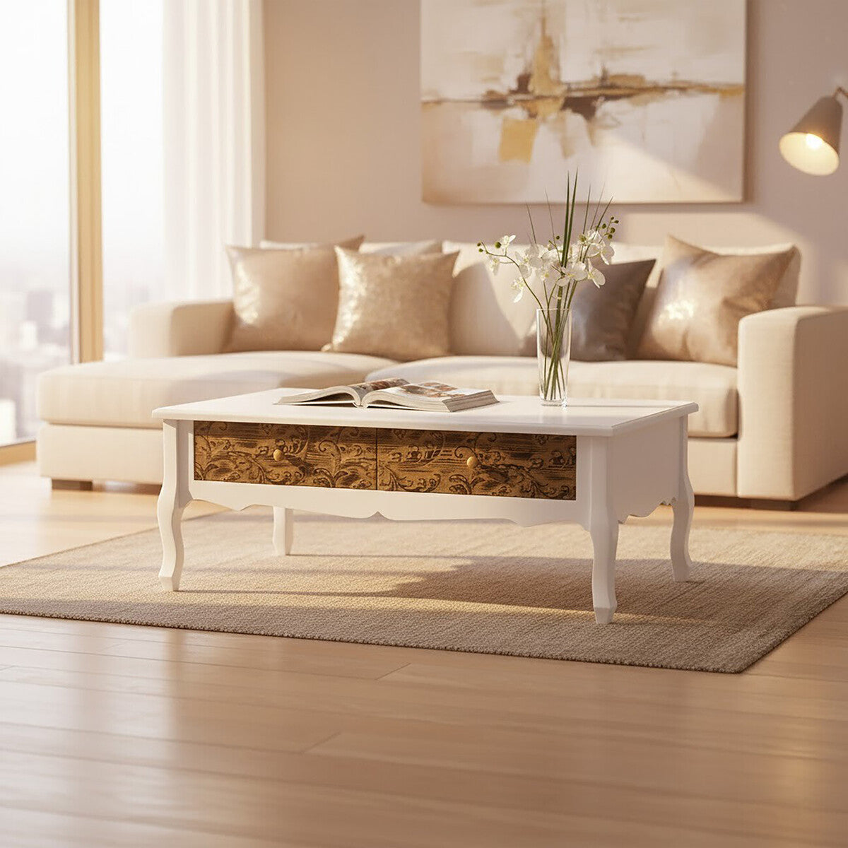 White bali coffee table with ornate gold toned wooden drawers featuring intricate carvings perfect for living room