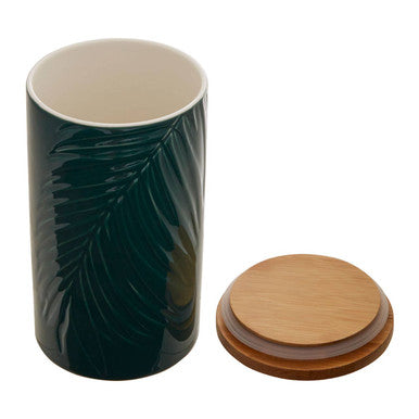 Bali dark green storage jar with subtle palm leaf pattern and natural bamboo lid for kitchen storage