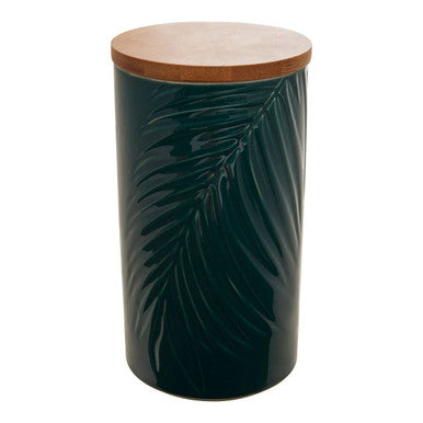 Dark green ceramic storage jar with bamboo lid and embossed palm leaf design for stylish kitchen storage
