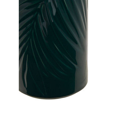 Dark green ceramic storage jar with embossed palm leaf pattern and bamboo lid for stylish home storage
