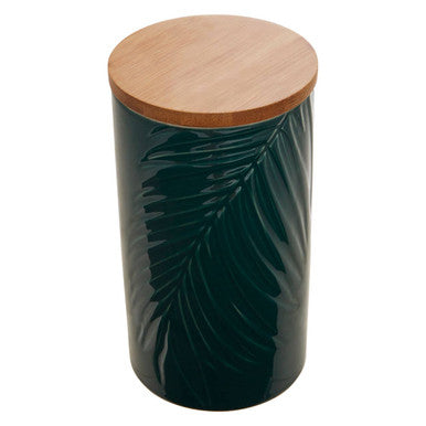 Dark green ceramic storage jar with embossed palm leaf pattern and natural bamboo lid for stylish kitchen storage