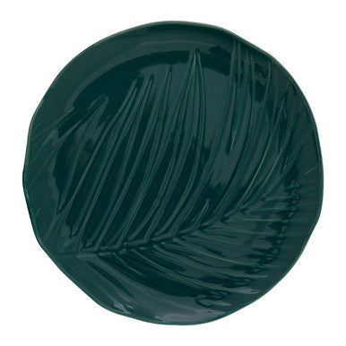 Bali dark green ceramic side plate with raised textured palm leaf design in deep green color