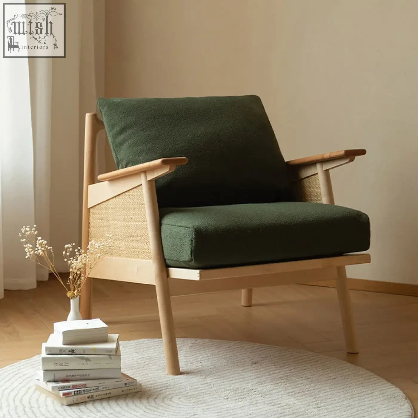 Balino chair mid-century modern armchair with plush dark green cushions and light wood frame featuring exposed wood frame and rattan panels