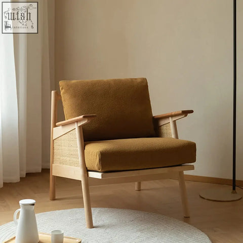 Balino chair mustard armchair with a woven rattan back and exposed wood frame for cozy seating