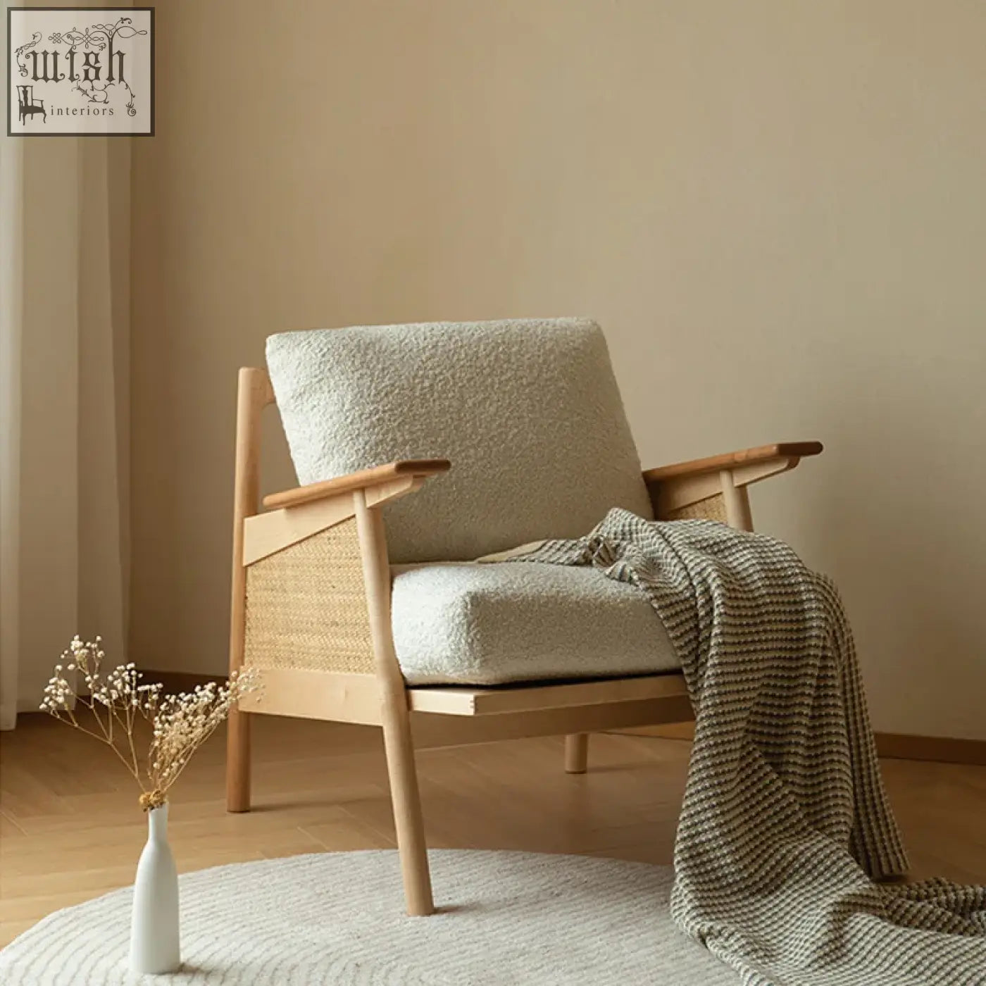 Balino chair cozy mid-century modern armchair with plush off-white upholstery and exposed wood frame with woven cane sides