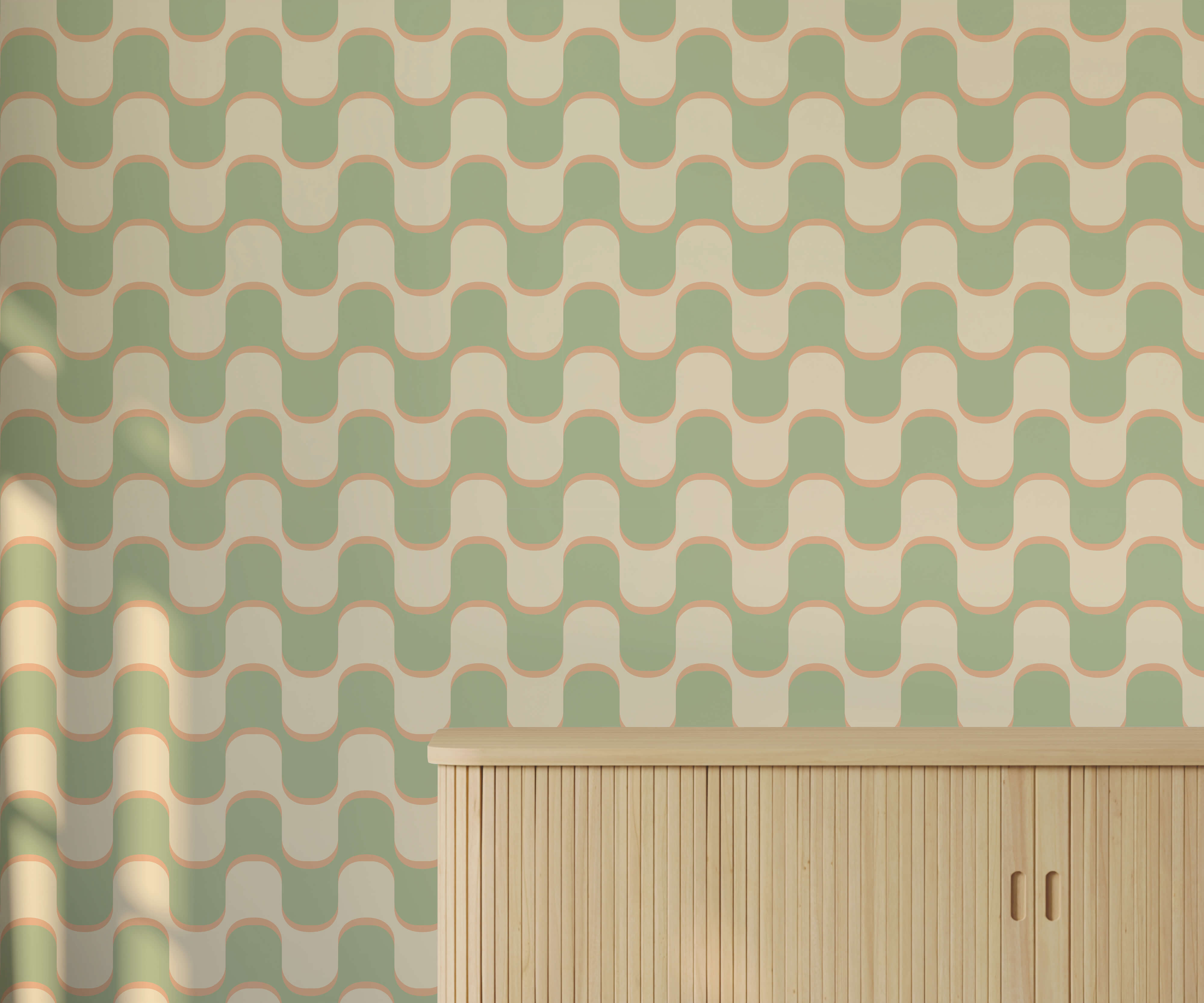 Ballinger wallpaper with a light green and cream wavy retro pattern perfect for stylish home decor