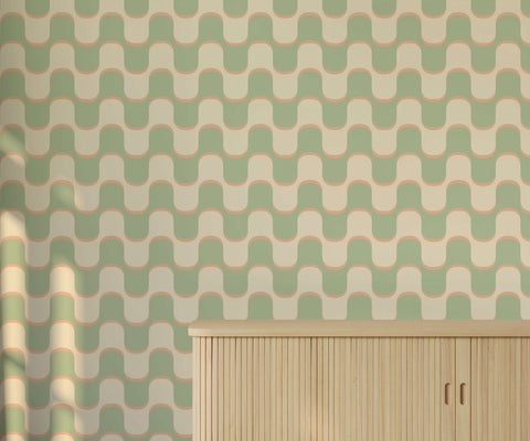 Ballinger wallpaper with a light green and cream wavy retro pattern perfect for stylish home decor
