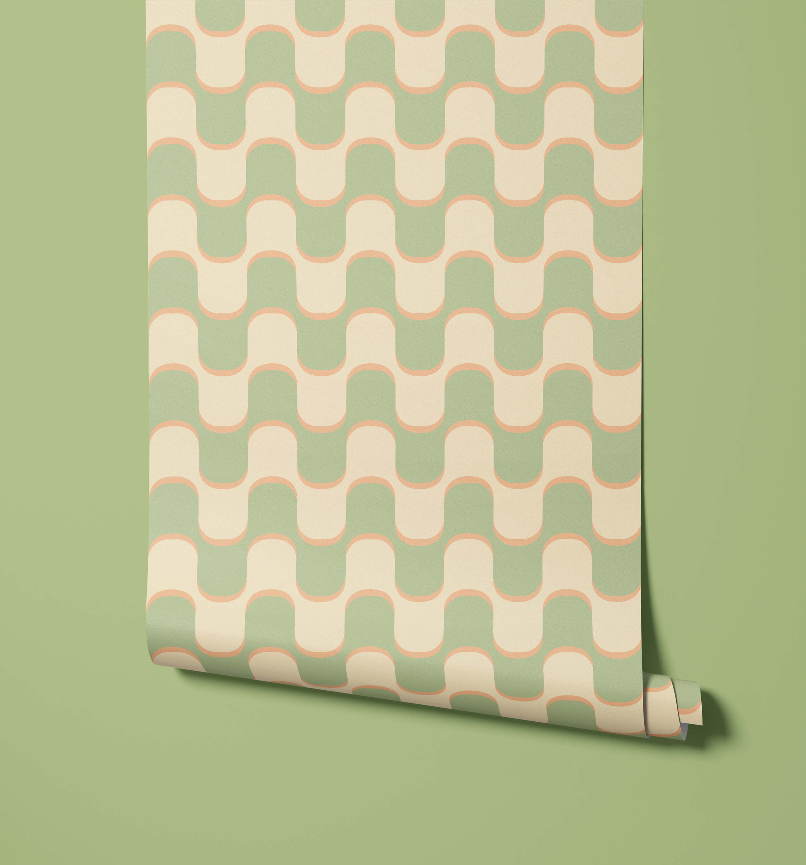 A roll of ballinger wallpaper with a mint green and cream wavy geometric pattern outlined in soft peach