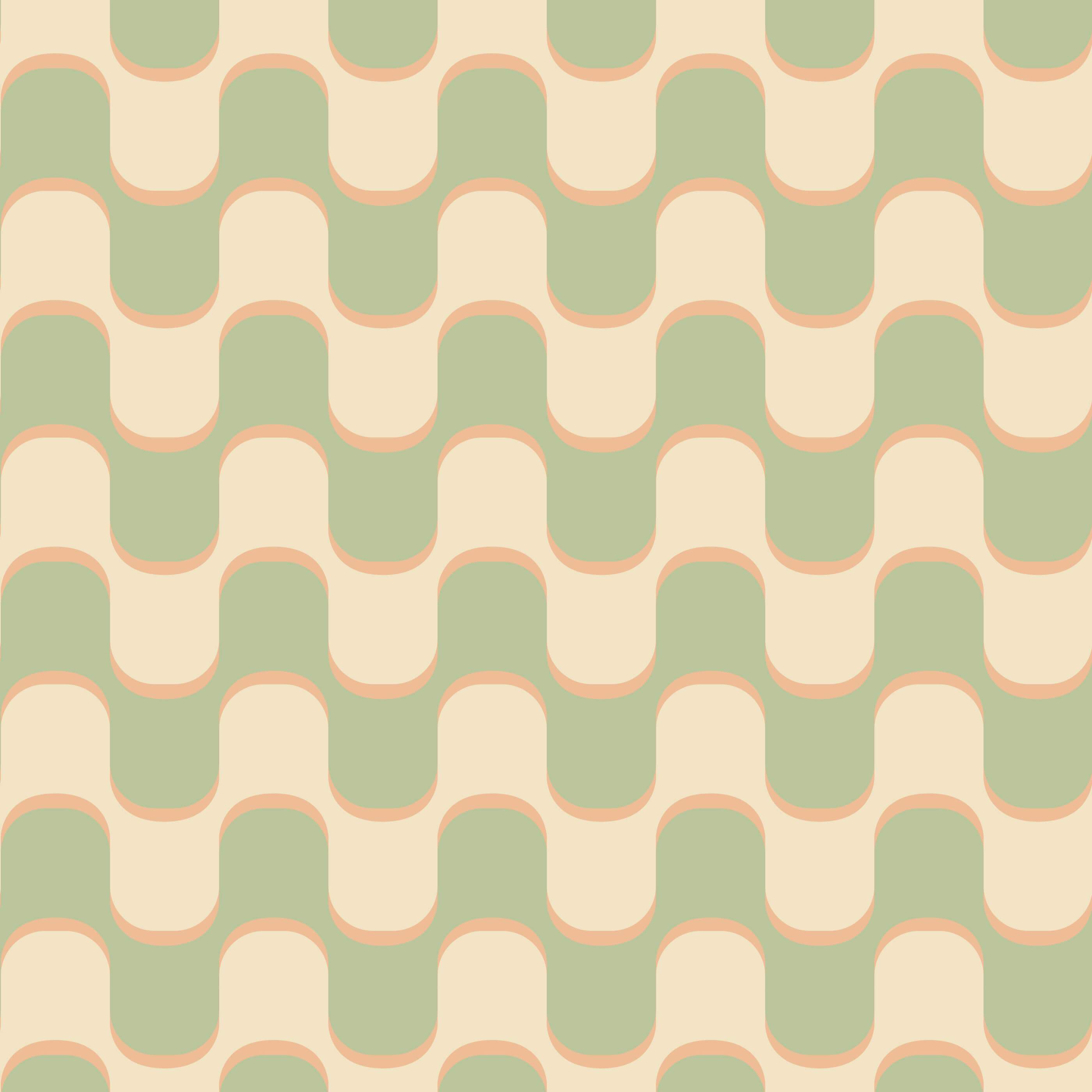 Ballinger fabric with a repeating pattern of wavy rounded rectangles in soft sage green cream and peach outline