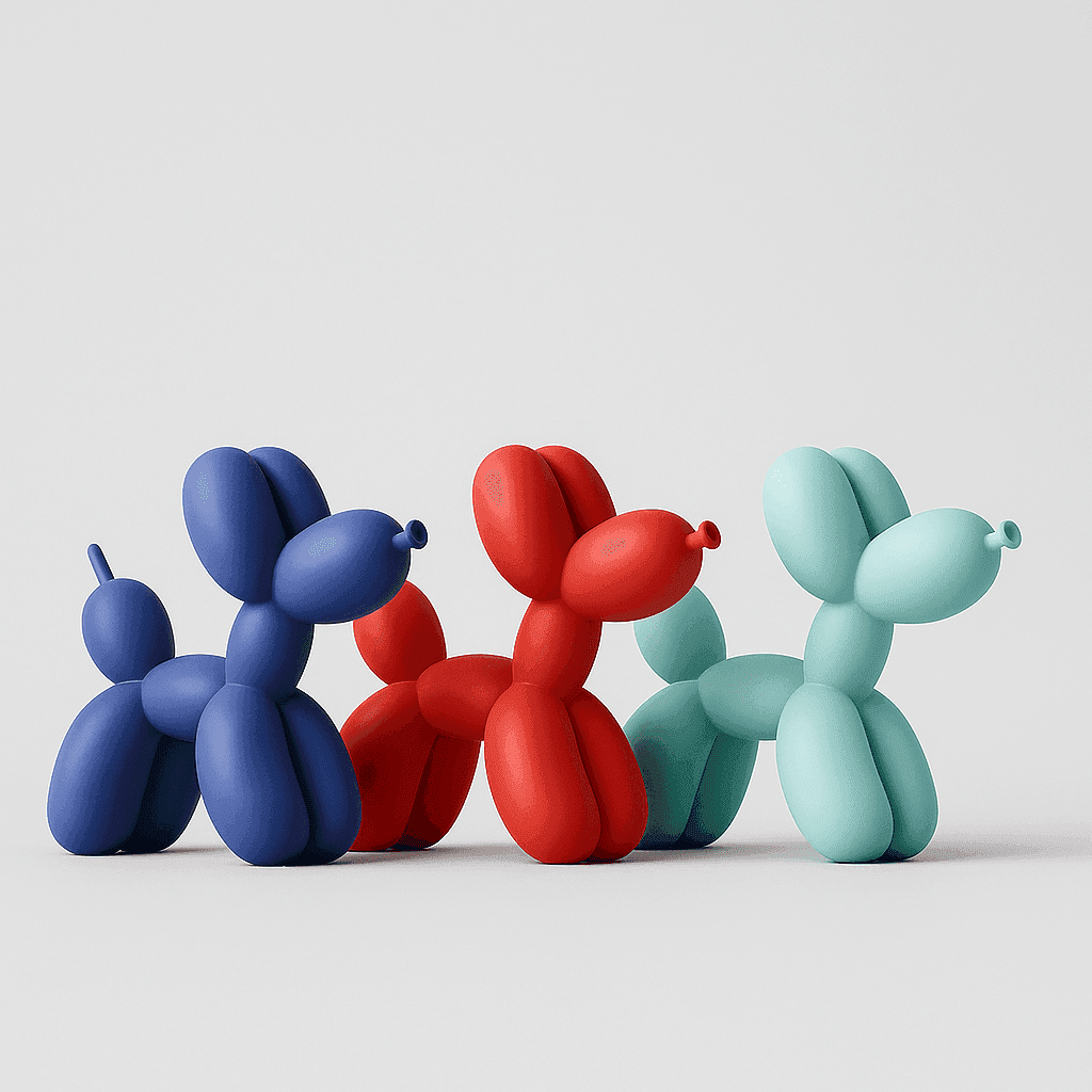 Three colorful balloon dog sculptures in blue red and teal made of pure resin in 15 color options