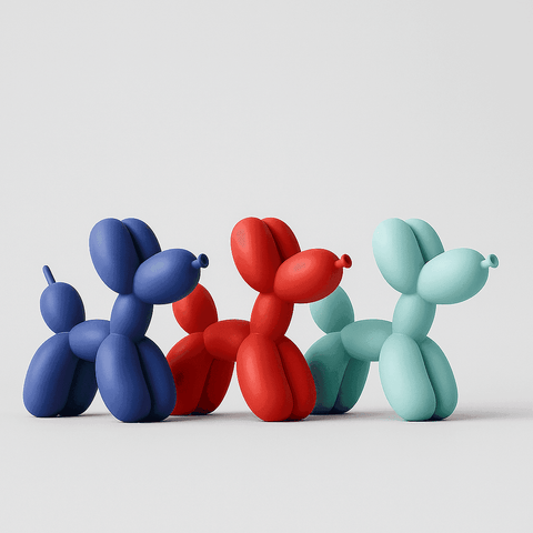 Three colorful balloon dog sculptures in blue red and teal made of pure resin in 15 color options