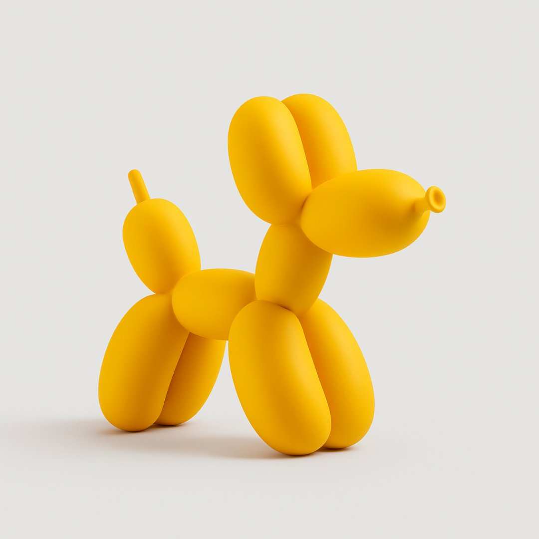 A vibrant yellow balloon dog sculpture with smooth glossy material and classic twisted design in 15 colors